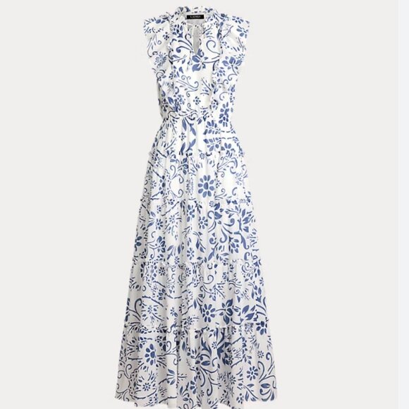 Ralph Lauren Dresses & Skirts - NWT Lauren Ralph Lauren Floral Cotton Voile Tiered Maxi Dress, blue & white sz 2